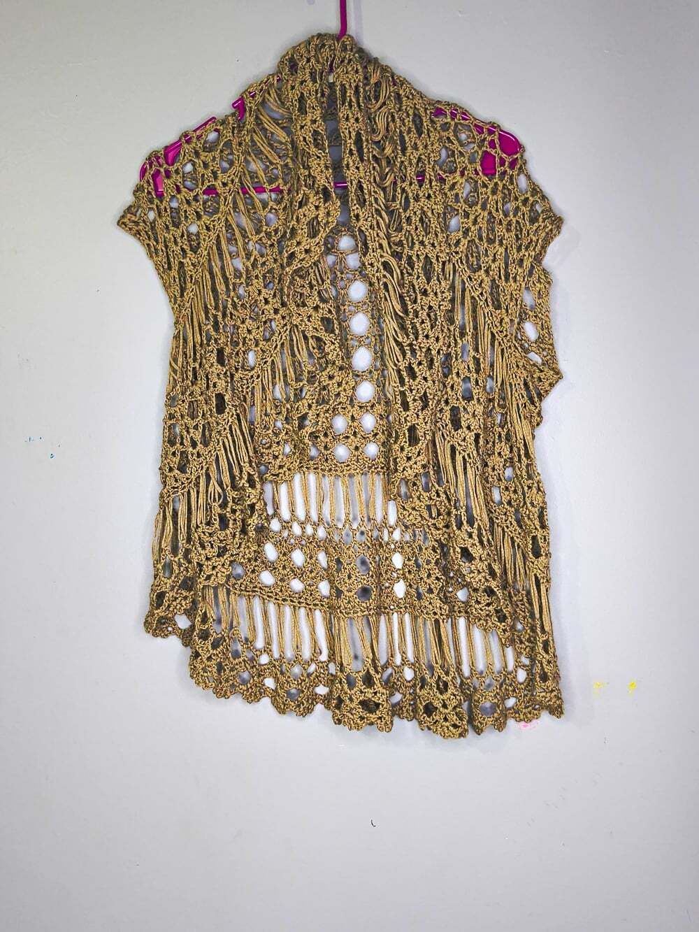 Umgee Womens Beige Open Knit Crochet Fringe Sleeveless Cardigan Sweater M/L